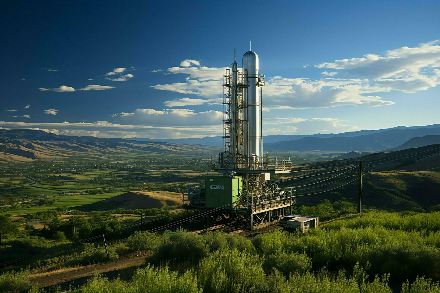 Beautiful view high voltage electric or telecommunications antenna wireless tower with green field concept by AI Generated photo