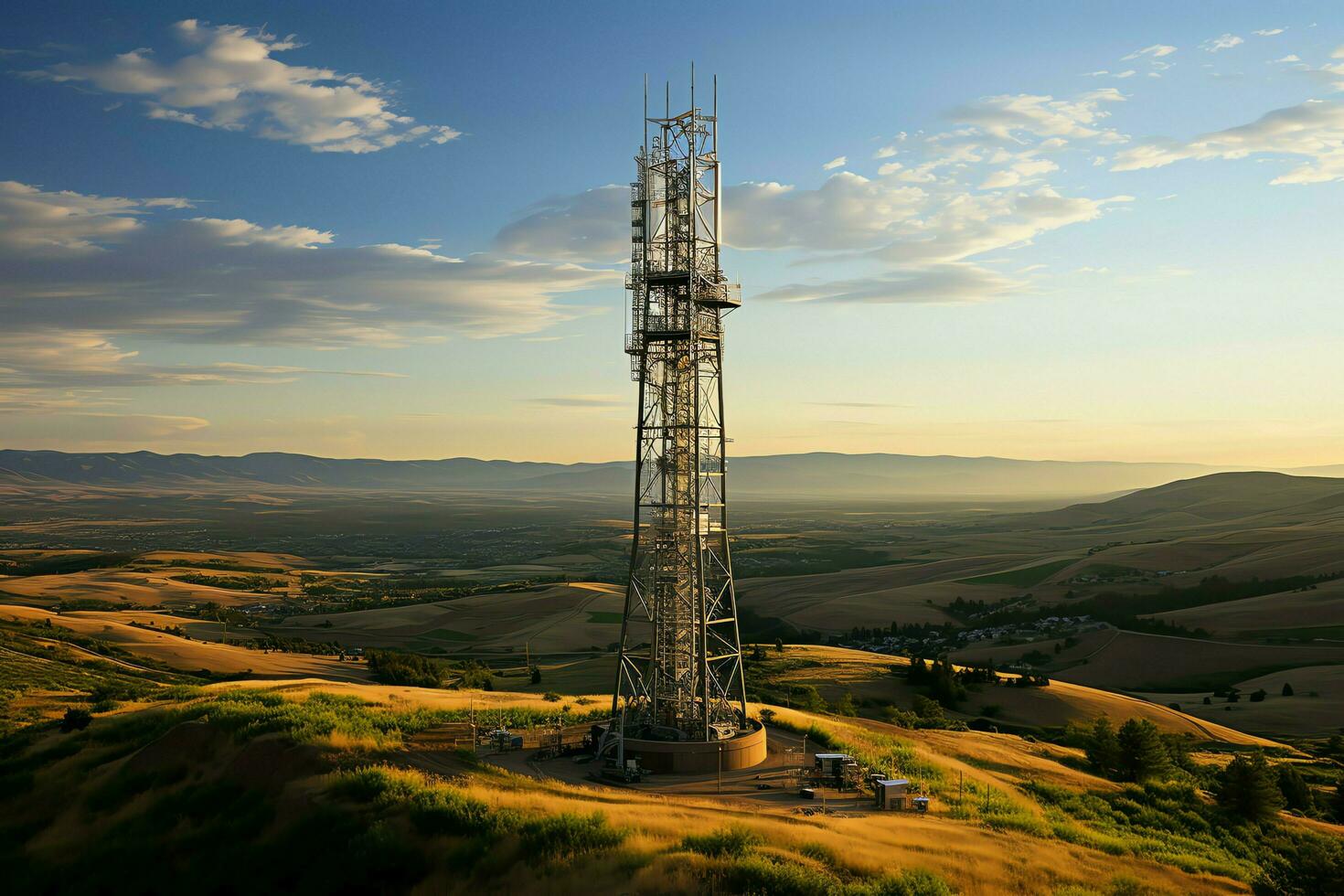 hermosa ver alto voltaje eléctrico o telecomunicaciones antena inalámbrico torre con verde campo concepto por ai generado foto