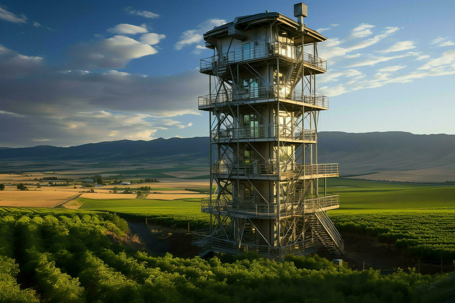 hermosa ver alto voltaje eléctrico o telecomunicaciones antena inalámbrico torre con verde campo concepto por ai generado foto