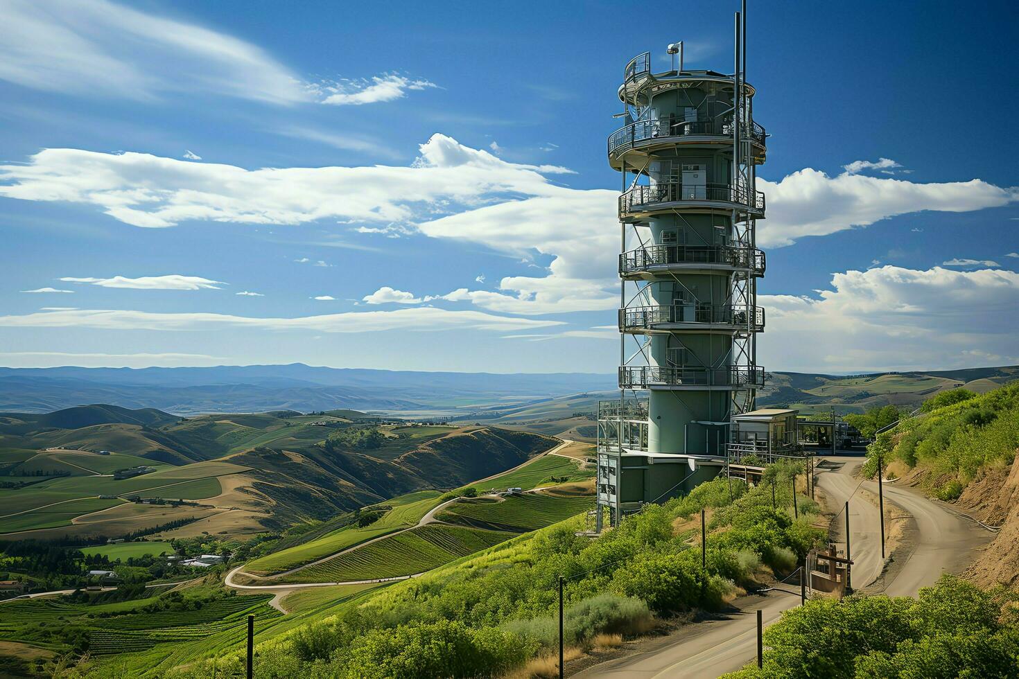 Beautiful view high voltage electric or telecommunications antenna wireless tower with green field concept by AI Generated photo