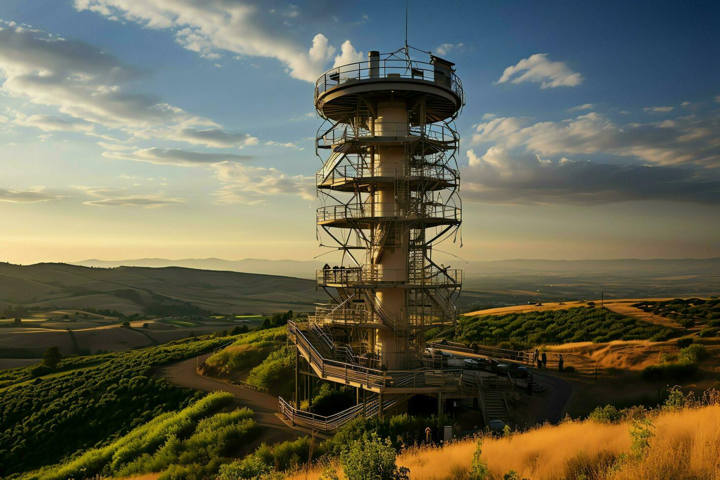 hermosa ver alto voltaje eléctrico o telecomunicaciones antena inalámbrico torre con verde campo concepto por ai generado foto