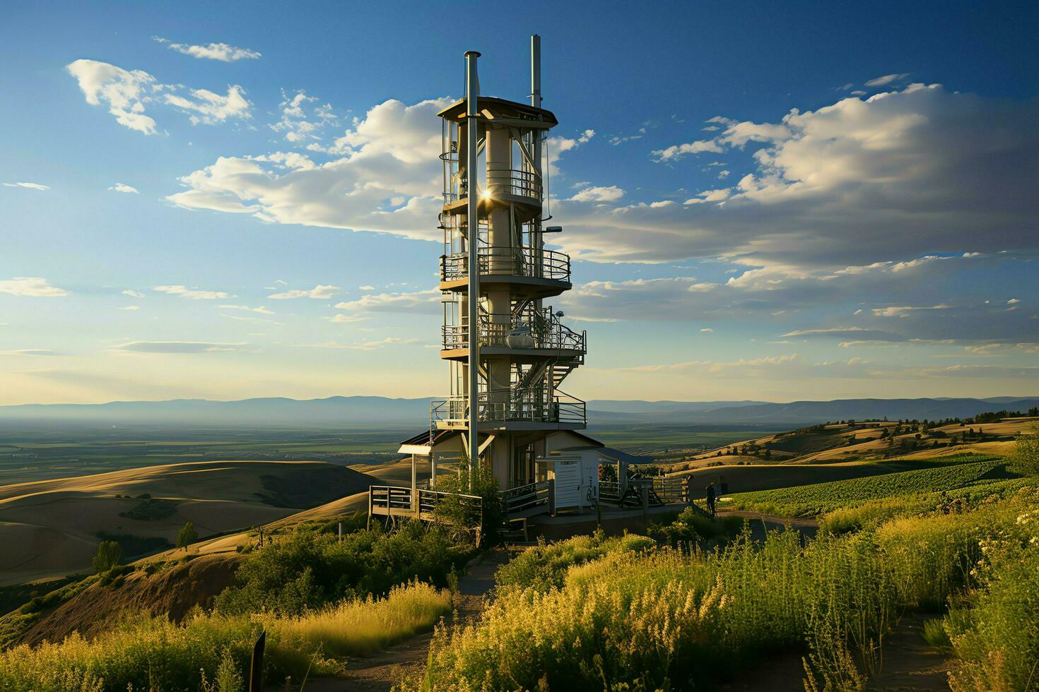 Beautiful view high voltage electric or telecommunications antenna wireless tower with green field concept by AI Generated photo
