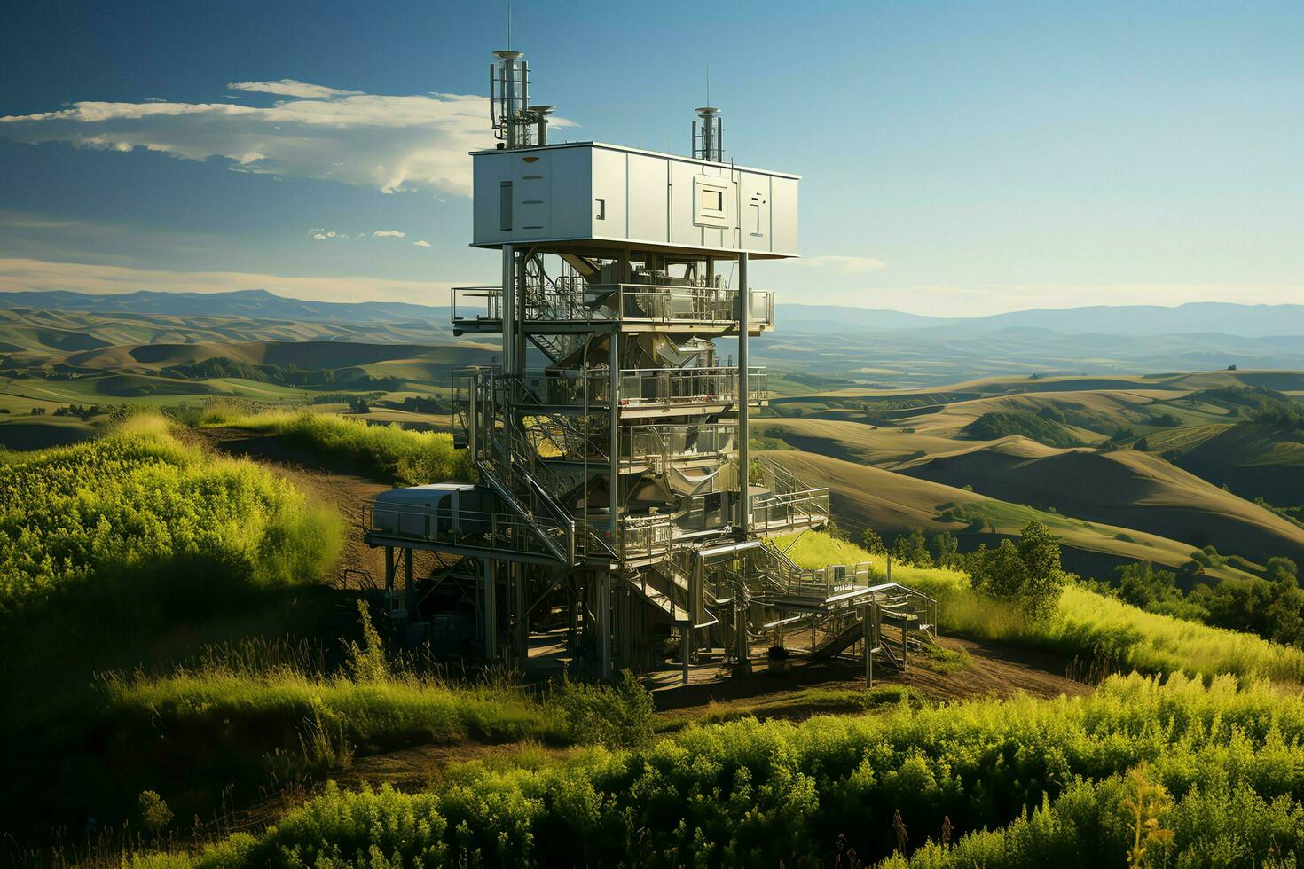 Beautiful view high voltage electric or telecommunications antenna wireless tower with green field concept by AI Generated photo