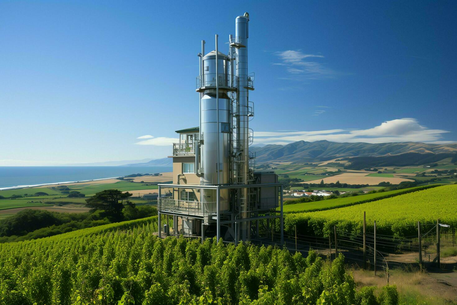 hermosa ver alto voltaje eléctrico o telecomunicaciones antena inalámbrico torre con verde campo concepto por ai generado foto