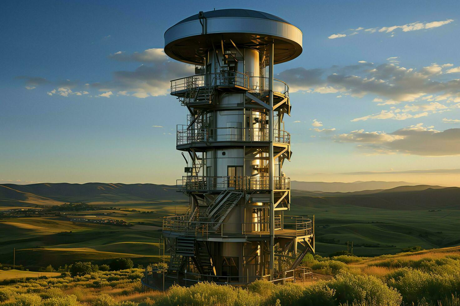 Beautiful view high voltage electric or telecommunications antenna wireless tower with green field concept by AI Generated photo
