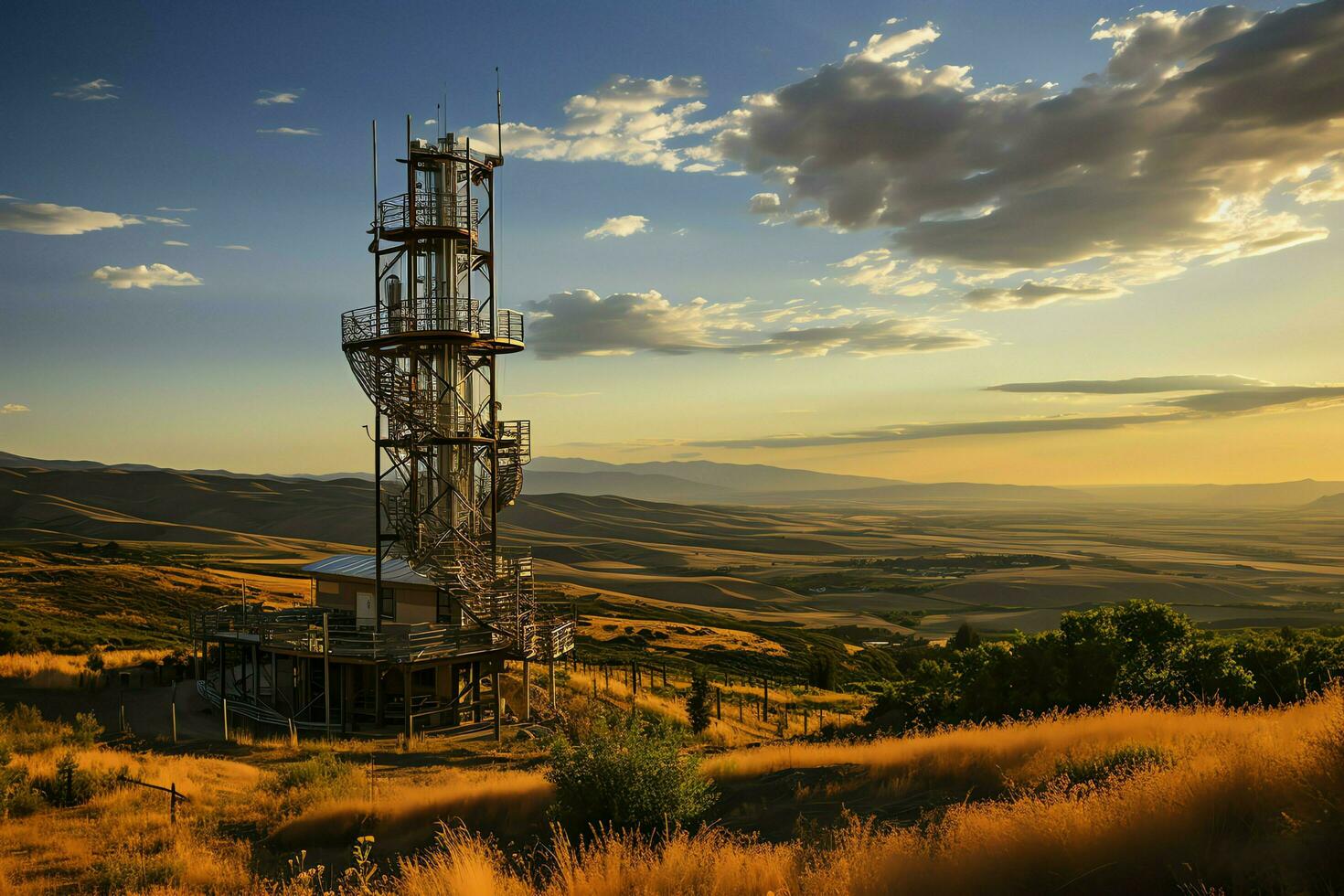 Beautiful view high voltage electric or telecommunications antenna wireless tower with green field concept by AI Generated photo