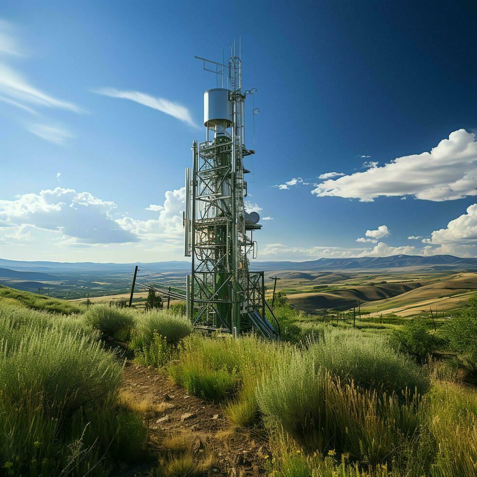 hermosa ver alto voltaje eléctrico o telecomunicaciones antena inalámbrico torre con verde campo concepto por ai generado foto