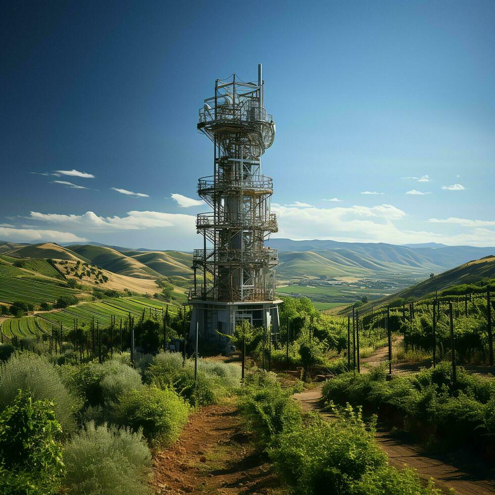 hermosa ver alto voltaje eléctrico o telecomunicaciones antena inalámbrico torre con verde campo concepto por ai generado foto