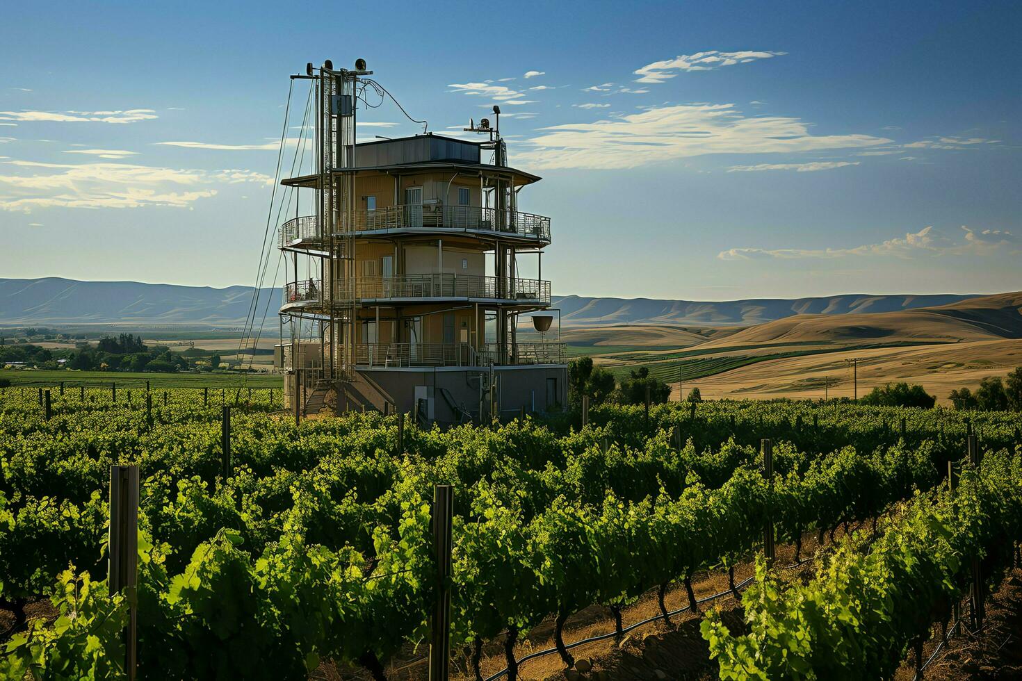 Beautiful view high voltage electric or telecommunications antenna wireless tower with green field concept by AI Generated photo