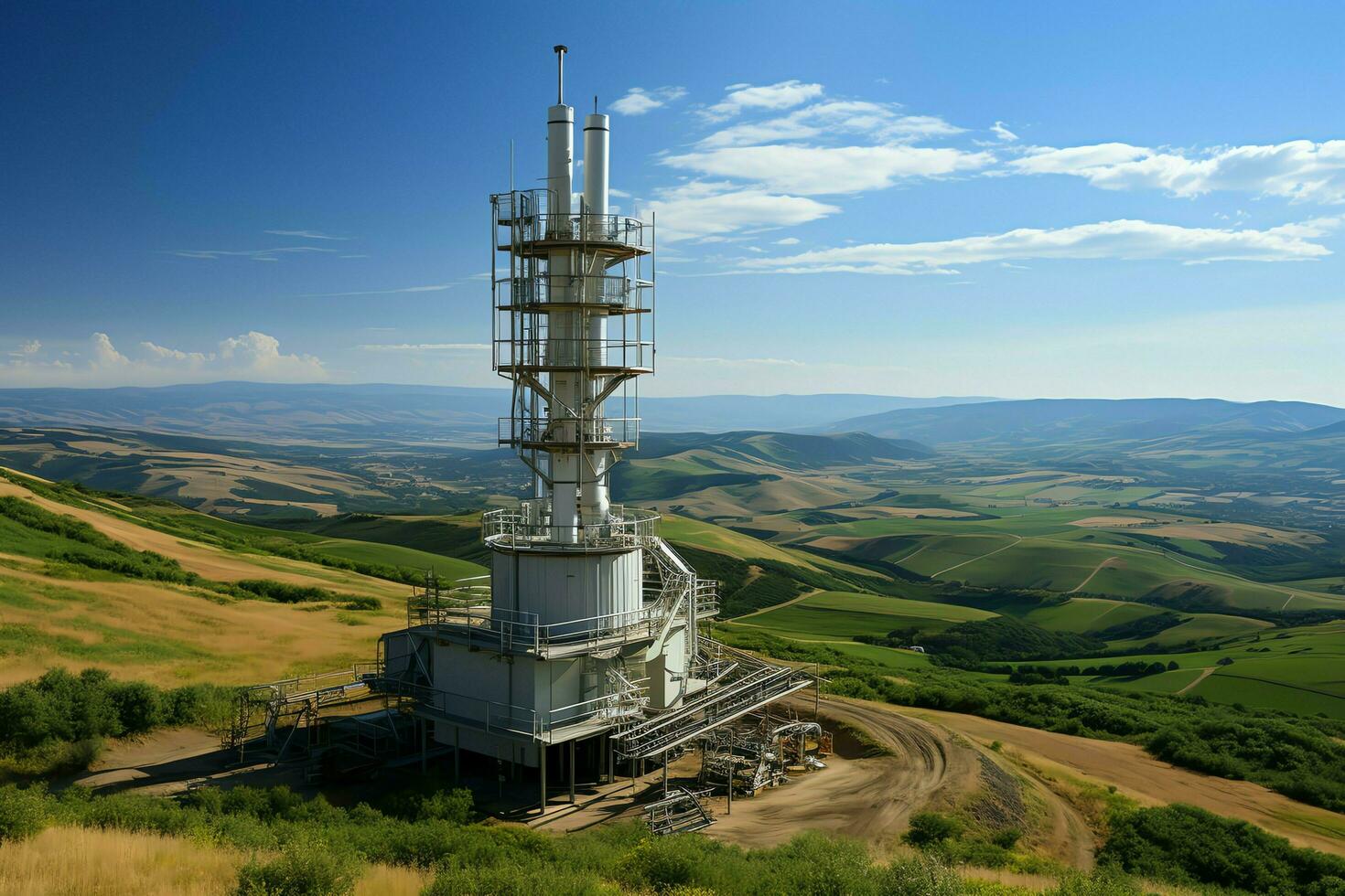 Beautiful view high voltage electric or telecommunications antenna wireless tower with green field concept by AI Generated photo