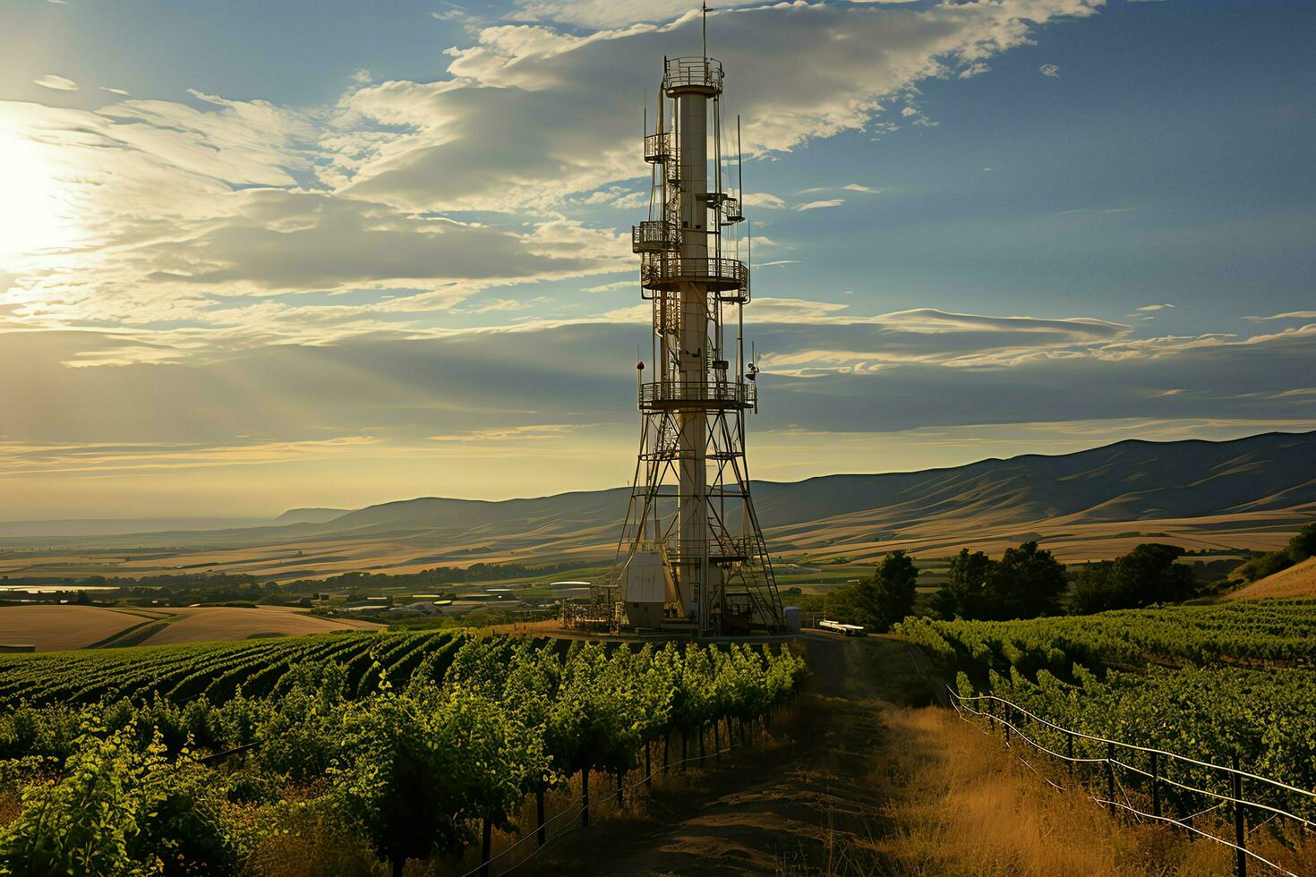 Beautiful view high voltage electric or telecommunications antenna wireless tower with green field concept by AI Generated photo