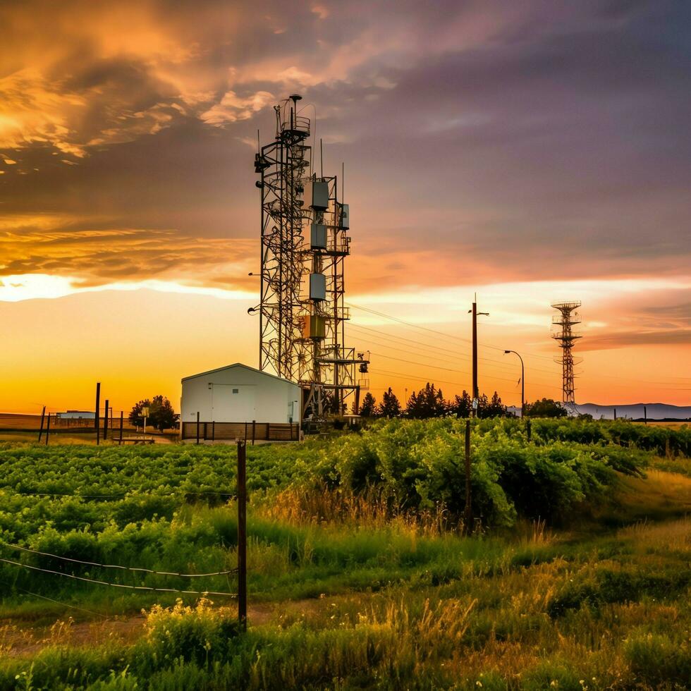 Beautiful view high voltage electric or telecommunications antenna wireless tower with green field concept by AI Generated photo