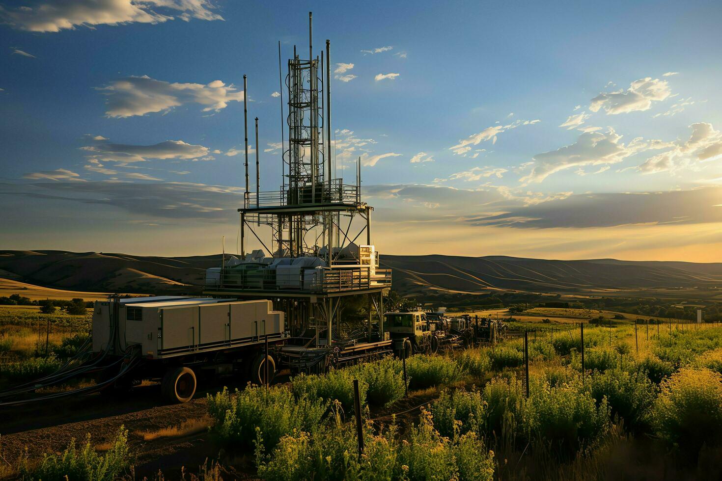 Beautiful view high voltage electric or telecommunications antenna wireless tower with green field concept by AI Generated photo