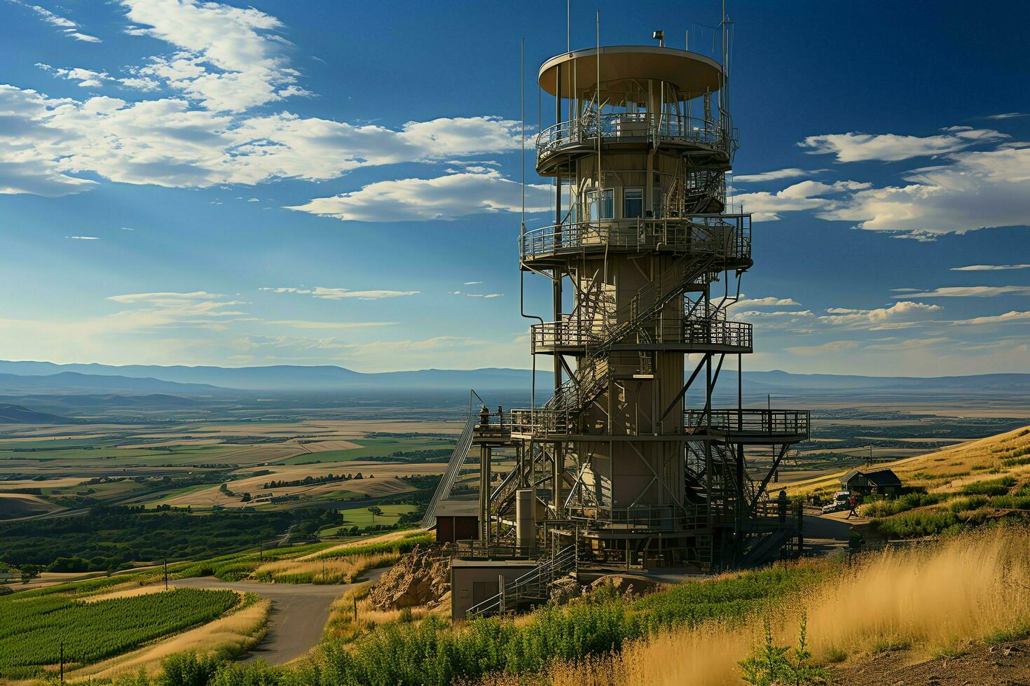 Beautiful view high voltage electric or telecommunications antenna wireless tower with green field concept by AI Generated photo