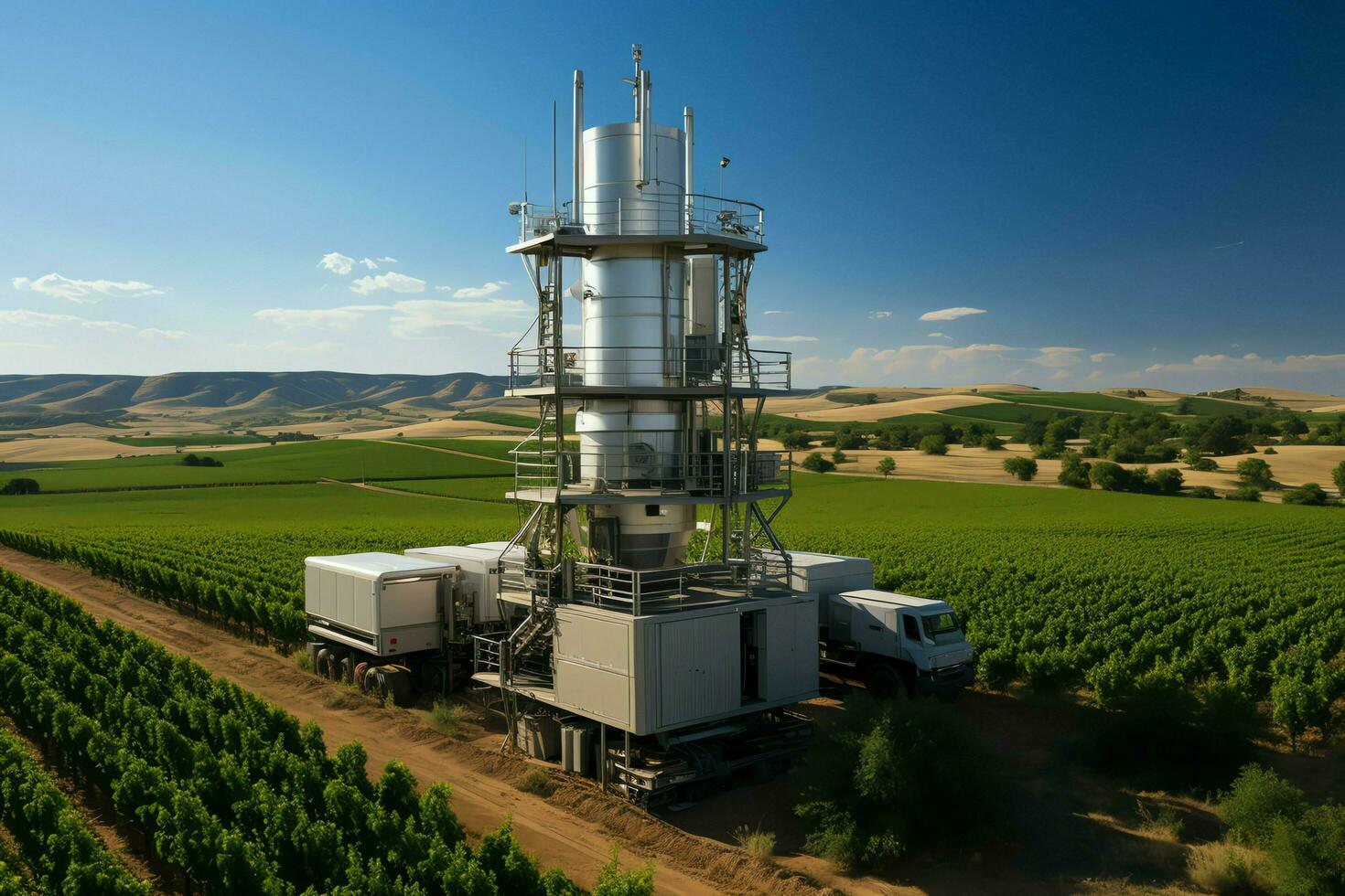 hermosa ver alto voltaje eléctrico o telecomunicaciones antena inalámbrico torre con verde campo concepto por ai generado foto