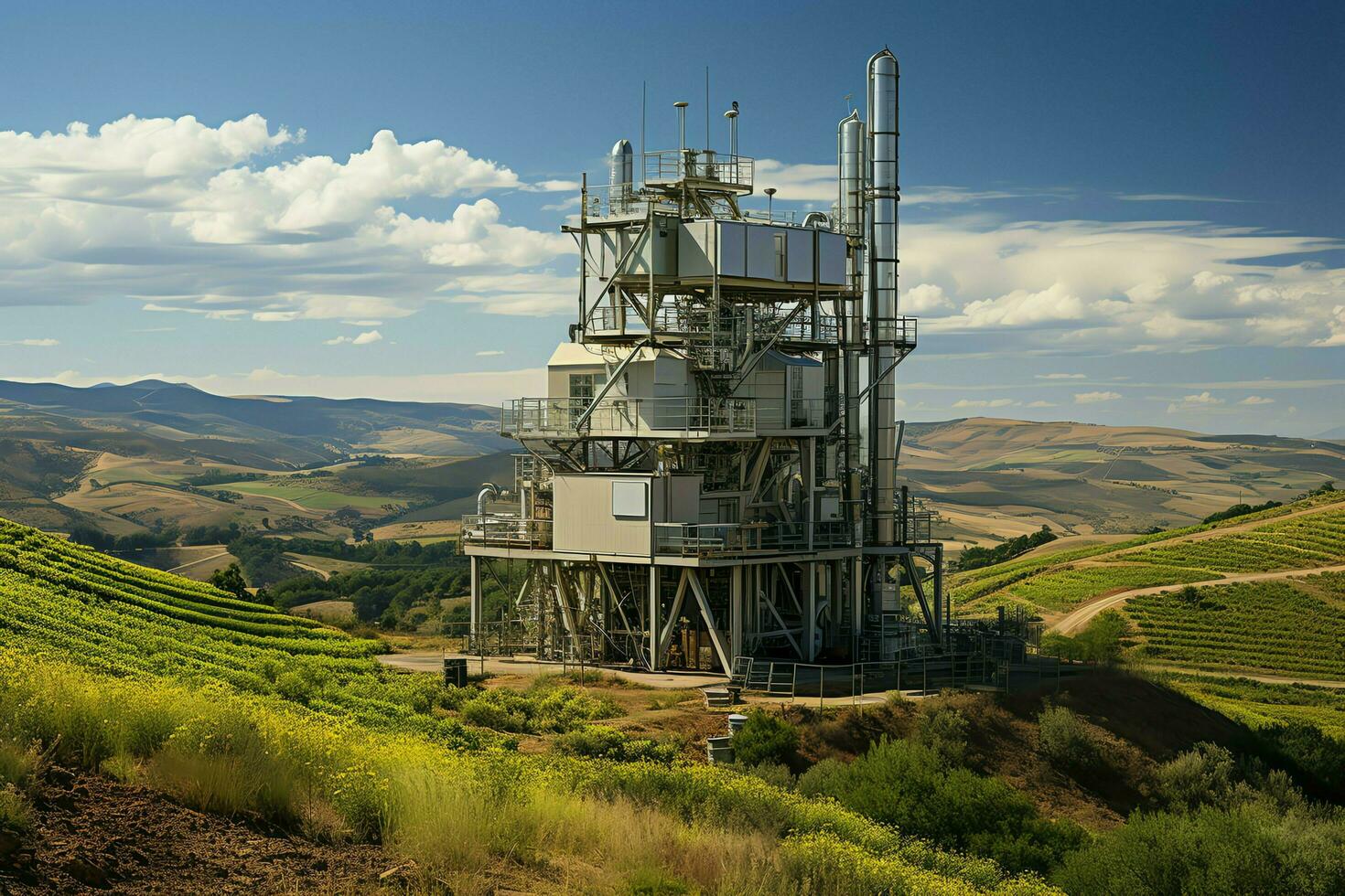 Beautiful view high voltage electric or telecommunications antenna wireless tower with green field concept by AI Generated photo