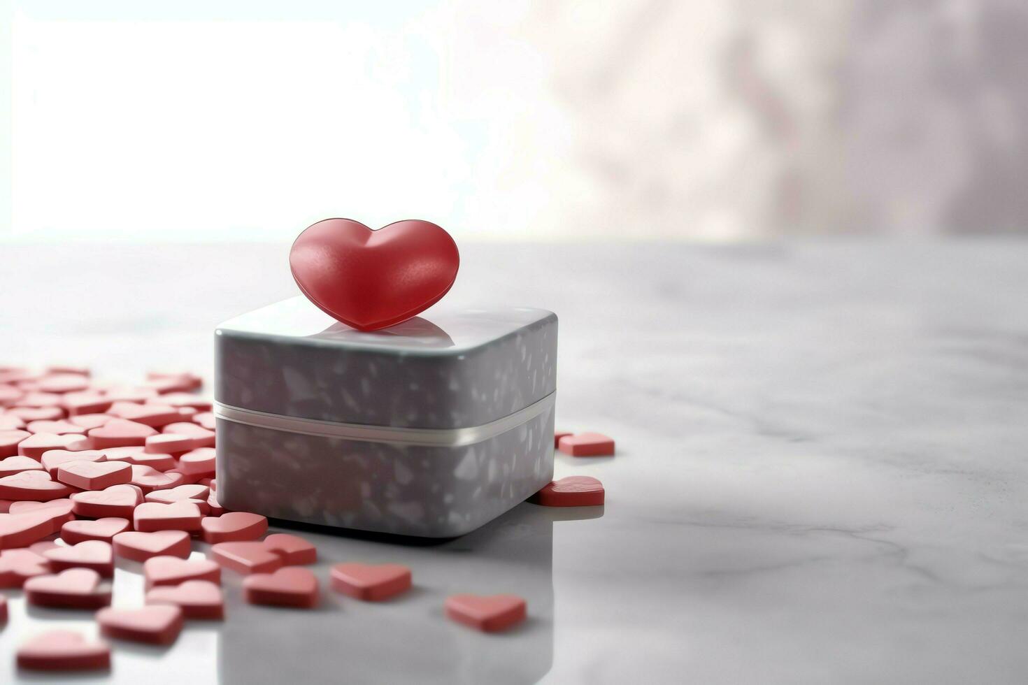 Beautiful valentine day background with gift box, ribbon, red hearts, presents, roses and copy space concept by AI Generated photo