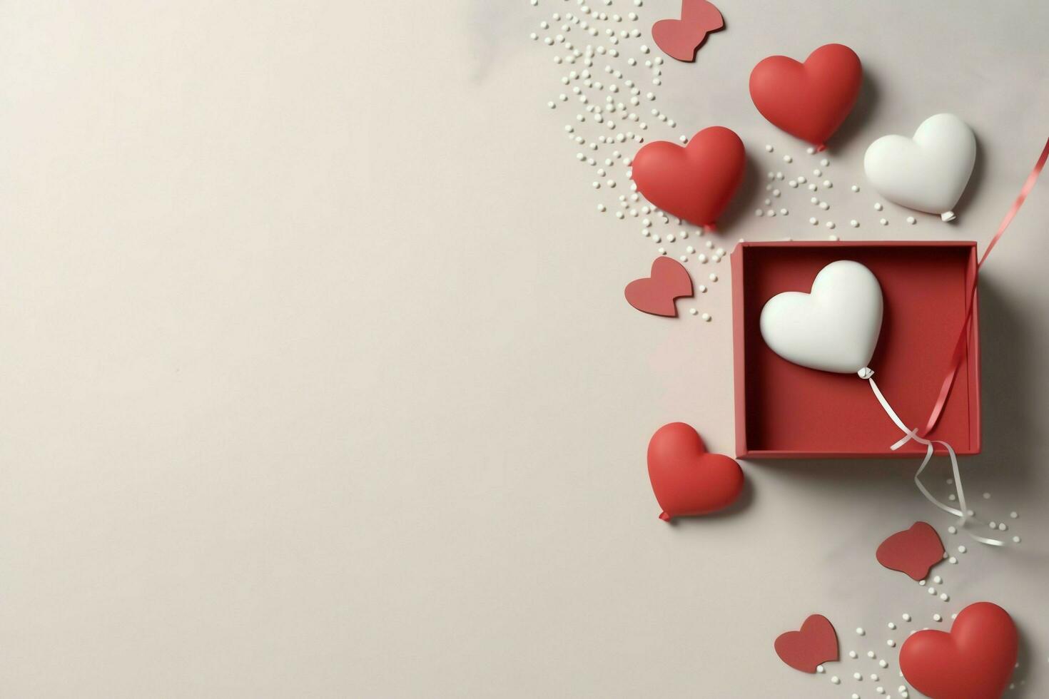 Beautiful valentine day background with gift box, ribbon, red hearts, presents, roses and copy space concept by AI Generated photo