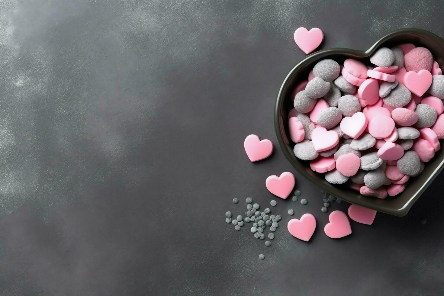 hermosa enamorado día antecedentes con regalo caja, cinta, rojo corazones, regalos, rosas y Copiar espacio concepto por ai generado foto