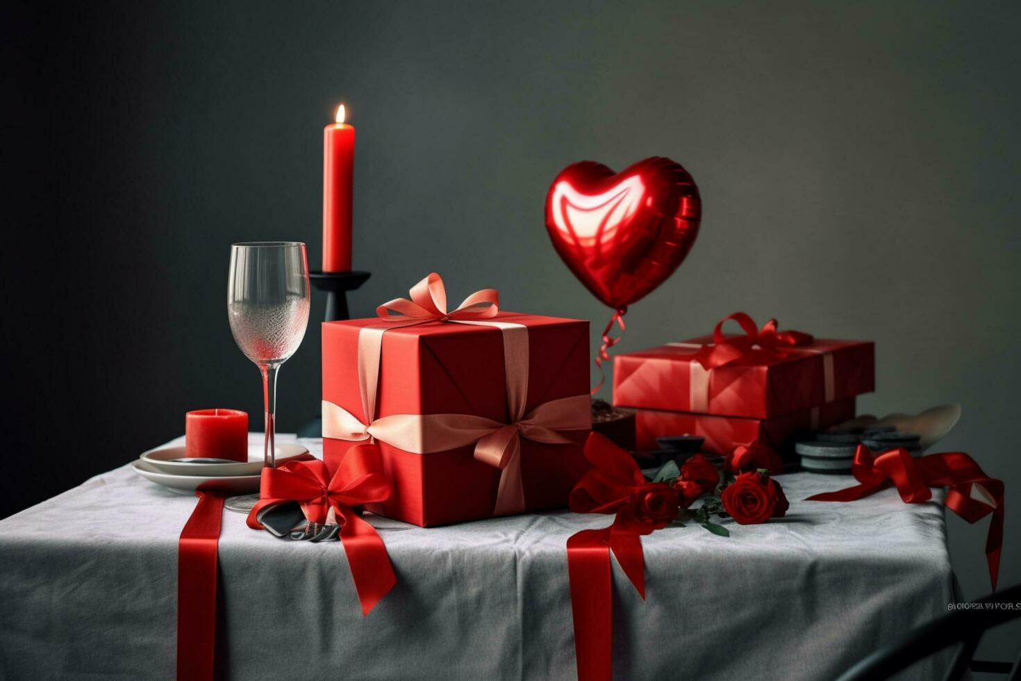 Beautiful valentine day background with gift box, ribbon, red hearts, presents, roses and copy space concept by AI Generated photo