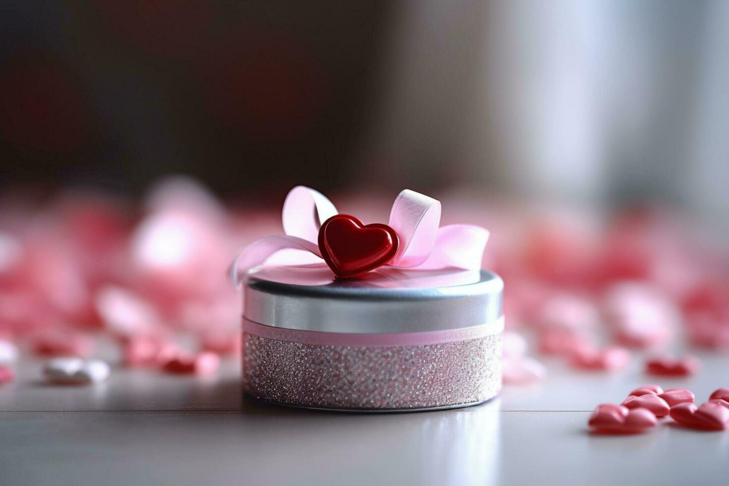 Beautiful valentine day background with gift box, ribbon, red hearts, presents, roses and copy space concept by AI Generated photo