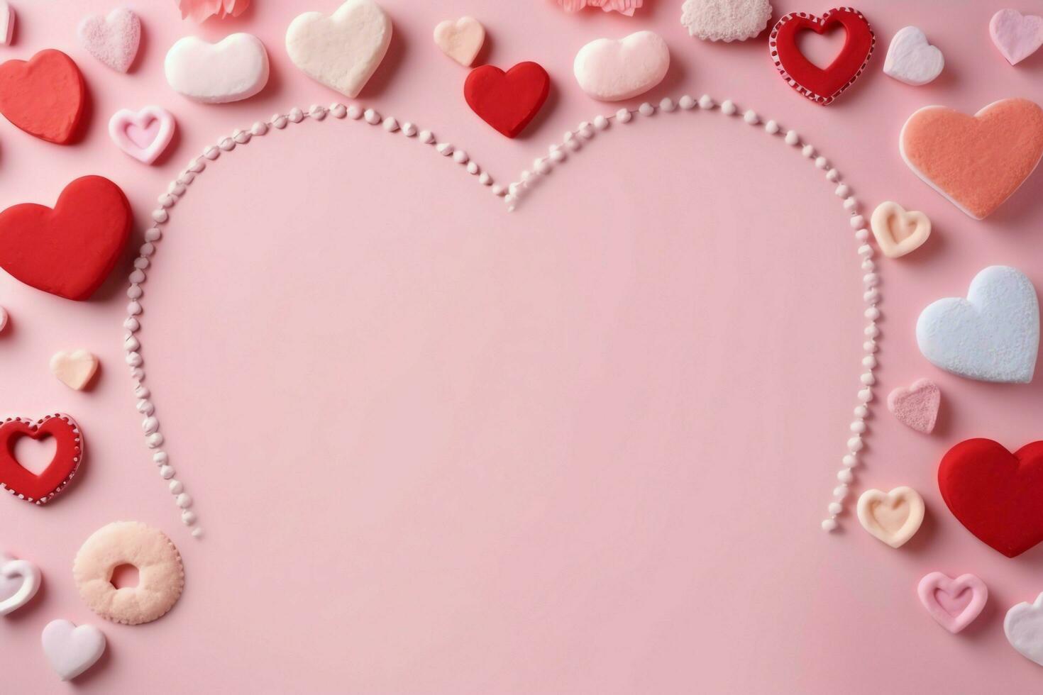 Beautiful valentine day background with gift box, ribbon, red hearts, presents, roses and copy space concept by AI Generated photo