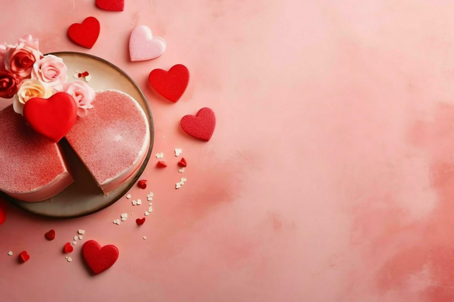 Beautiful valentine day background with gift box, ribbon, red hearts, presents, roses and copy space concept by AI Generated photo
