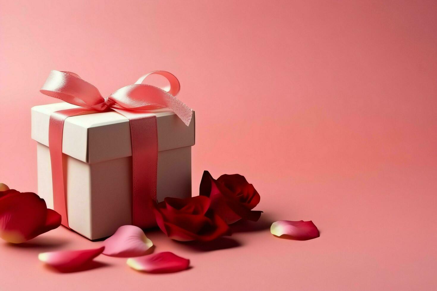 Beautiful valentine day background with gift box, ribbon, red hearts, presents, roses and copy space concept by AI Generated photo