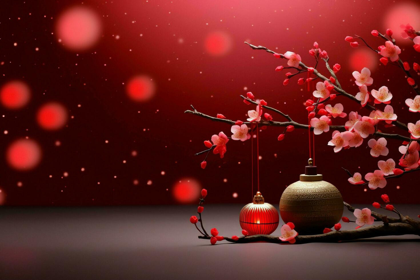 Chinese new year background with traditional lanterns, sakura flowers and copy space. Lunar new year concept by AI Generated photo