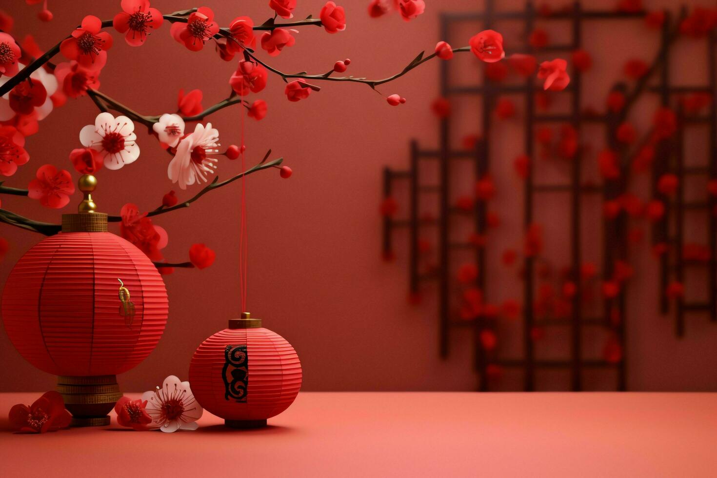 Chinese new year background with traditional lanterns, sakura flowers and copy space. Lunar new year concept by AI Generated photo