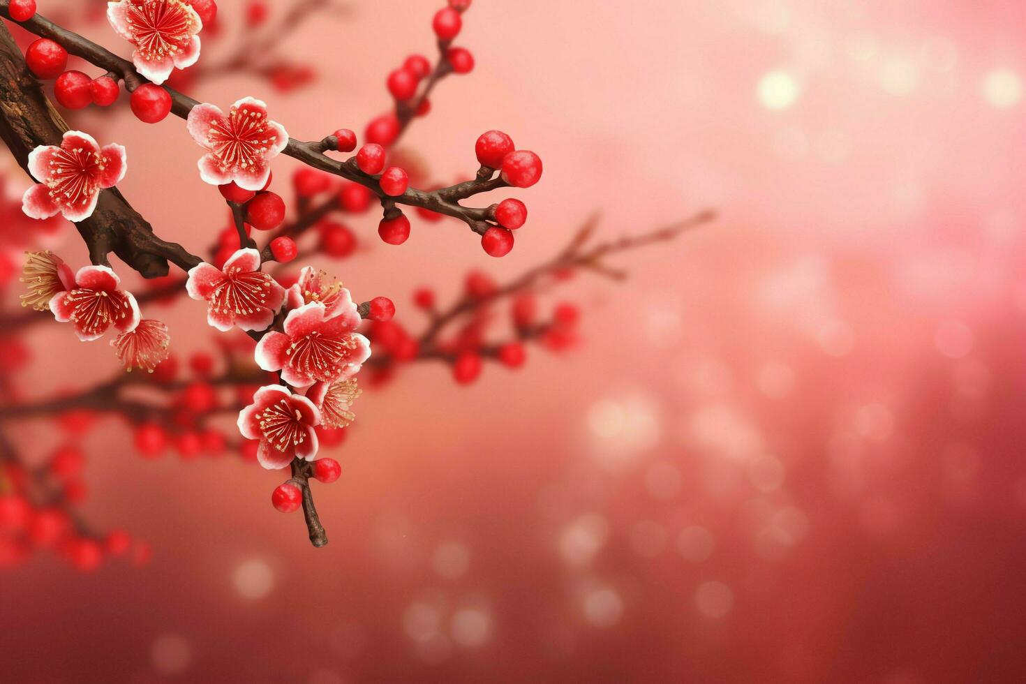 Chinese new year background with traditional lanterns, sakura flowers and copy space. Lunar new year concept by AI Generated photo