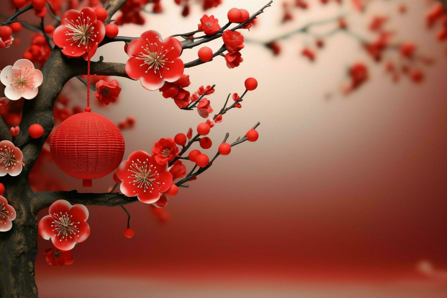 Chinese new year background with traditional lanterns, sakura flowers and copy space. Lunar new year concept by AI Generated photo