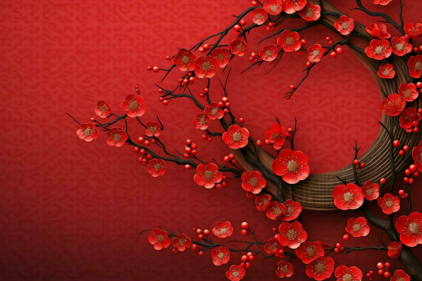 Chinese new year background with traditional lanterns, sakura flowers and copy space. Lunar new year concept by AI Generated photo