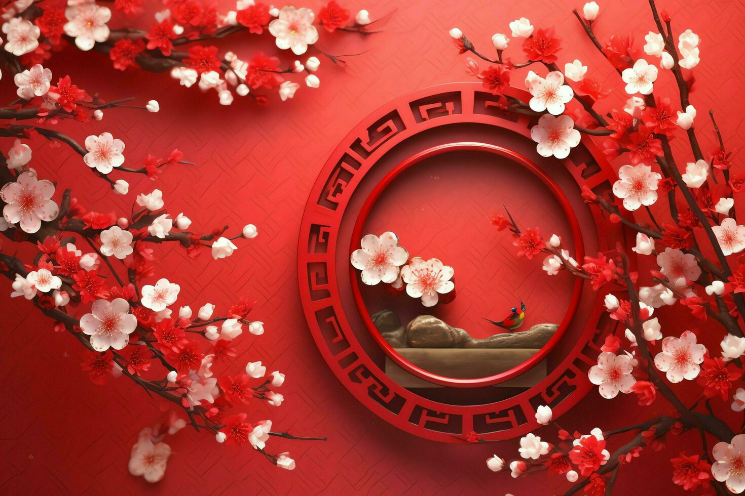Chinese new year background with traditional lanterns, sakura flowers and copy space. Lunar new year concept by AI Generated photo