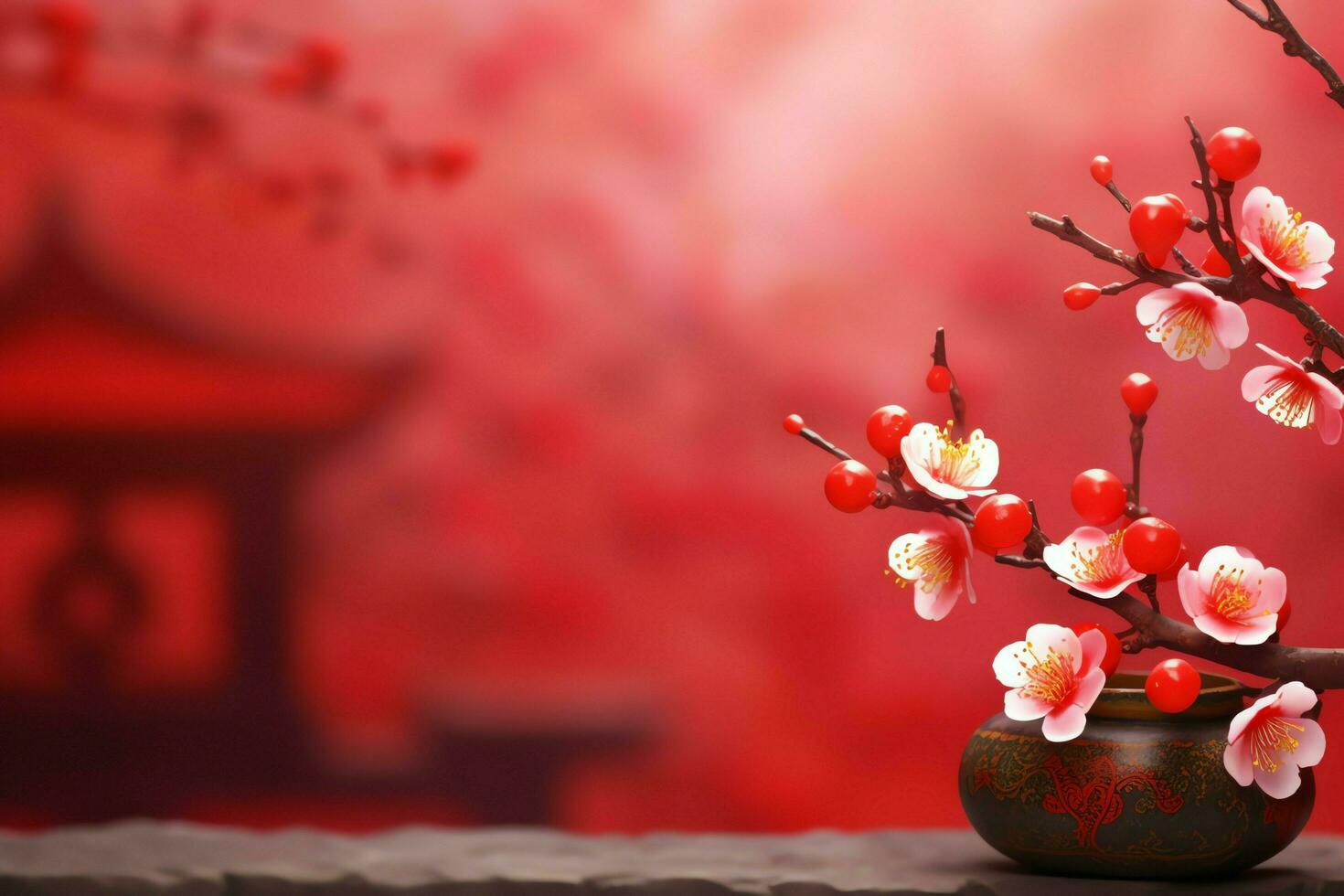 Chinese new year background with traditional lanterns, sakura flowers and copy space. Lunar new year concept by AI Generated photo
