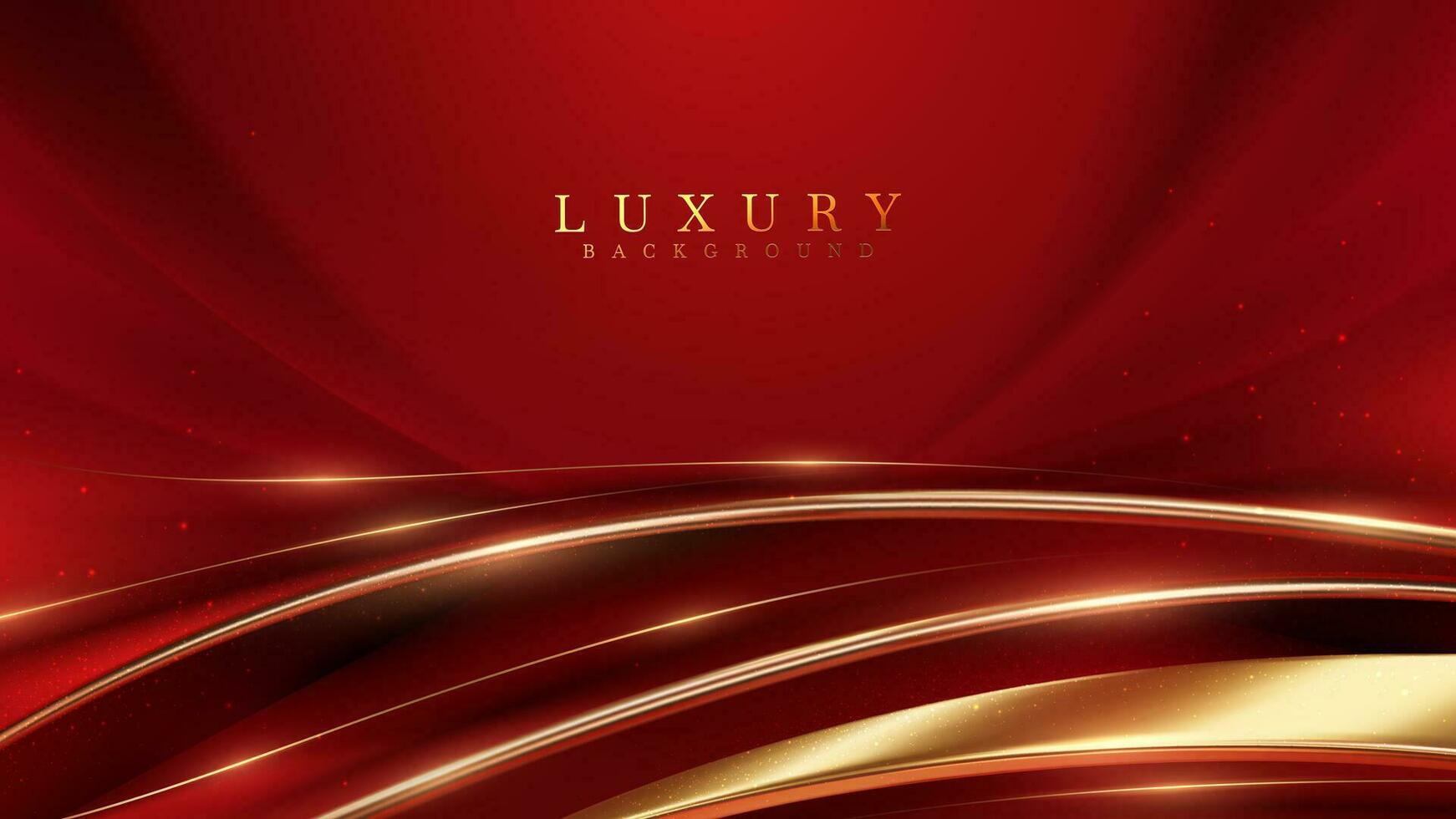 Luxury red color background with golden line elements and curve light effect decoration and bokeh. vector