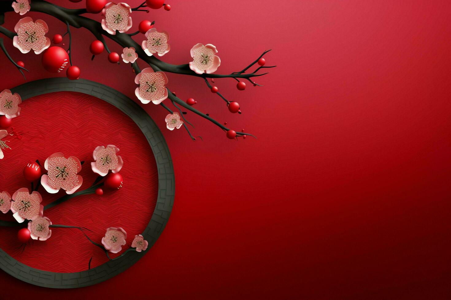 Chinese new year background with traditional lanterns, sakura flowers and copy space. Lunar new year concept by AI Generated photo
