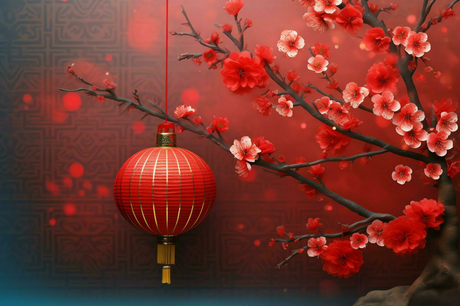 Chinese new year background with traditional lanterns, sakura flowers and copy space. Lunar new year concept by AI Generated photo