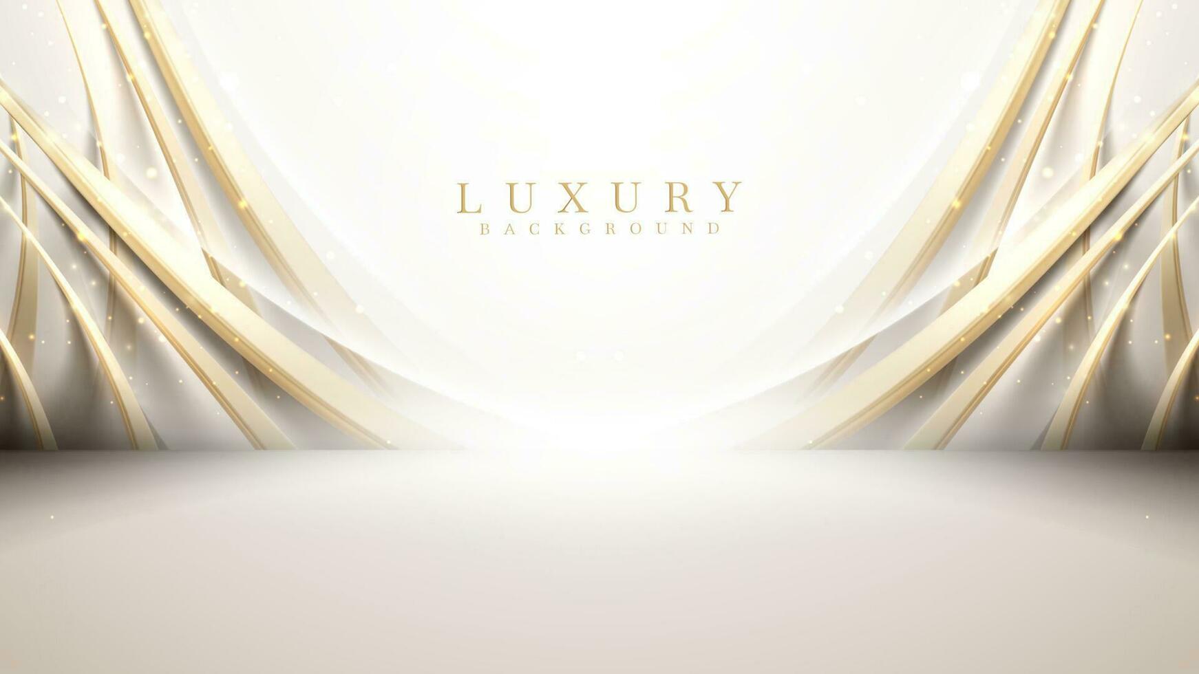 White scene and golden curves with light and bokeh effect, Luxury style background and empty space for place a product display. vector