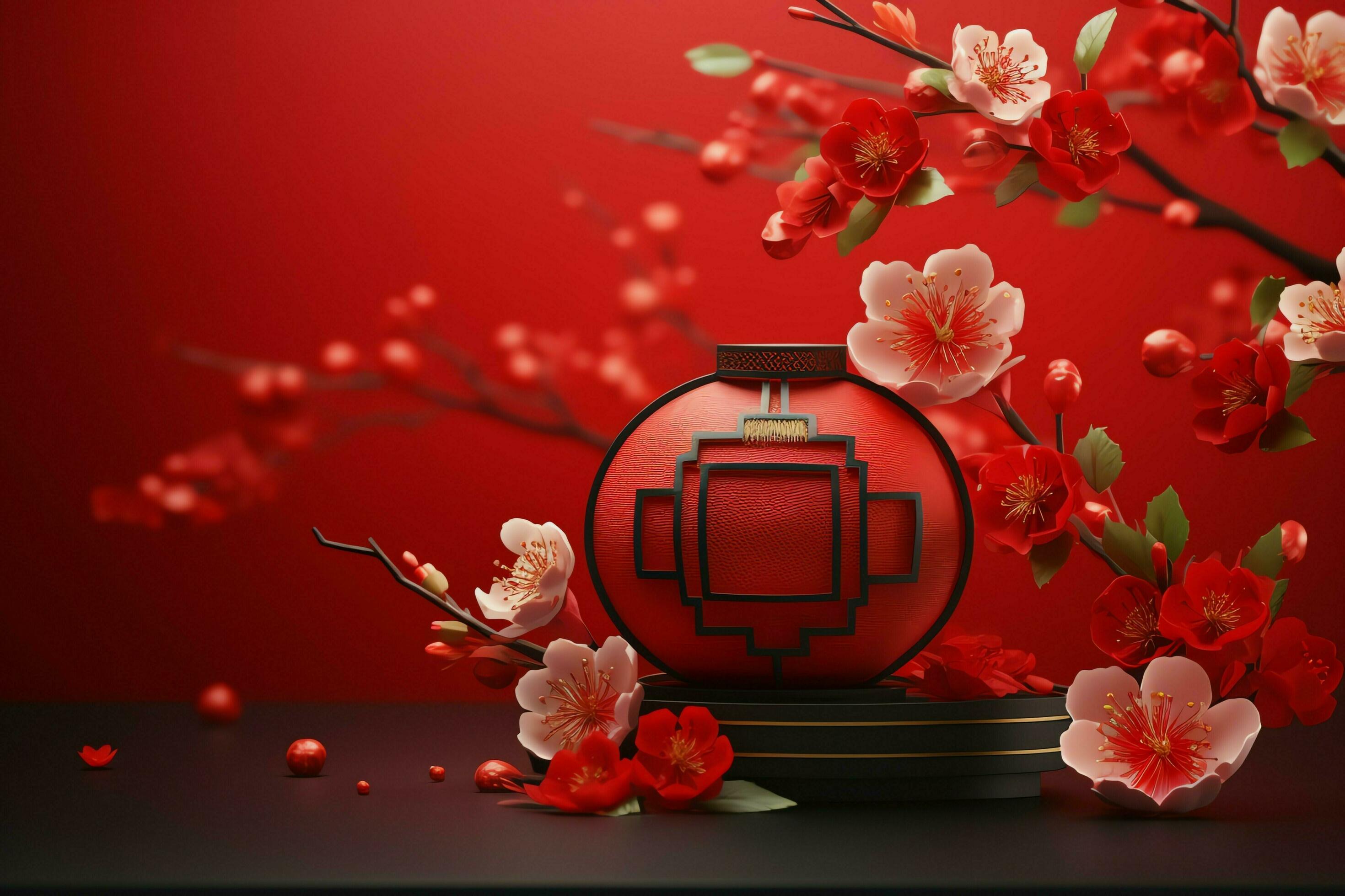 Chinese new year background with traditional lanterns, sakura flowers