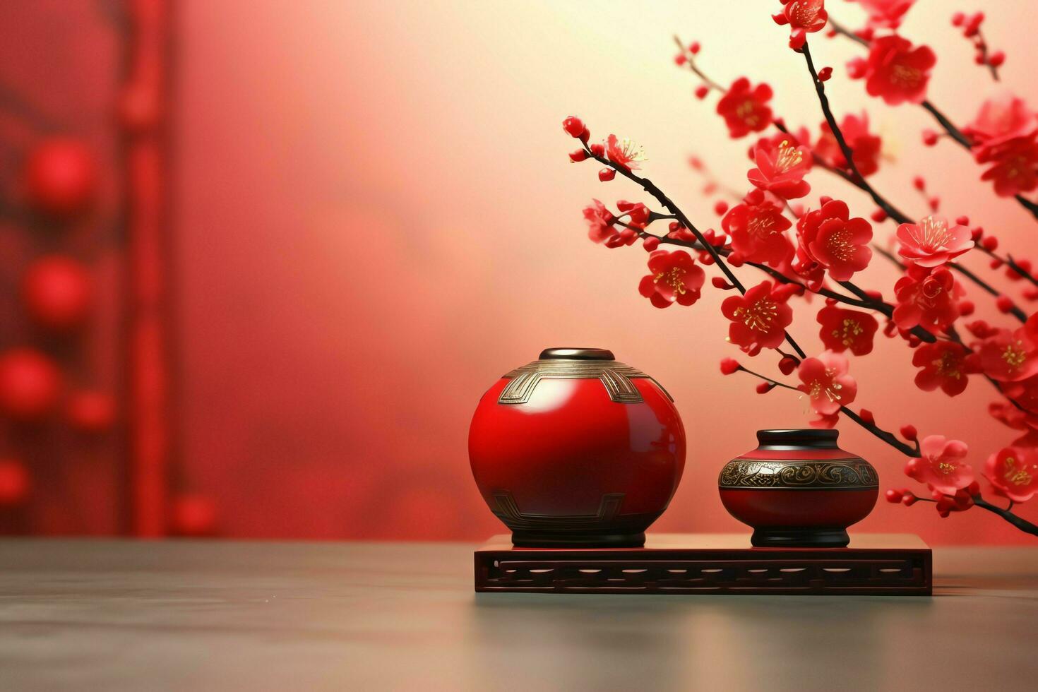 Chinese new year background with traditional lanterns, sakura flowers and copy space. Lunar new year concept by AI Generated photo
