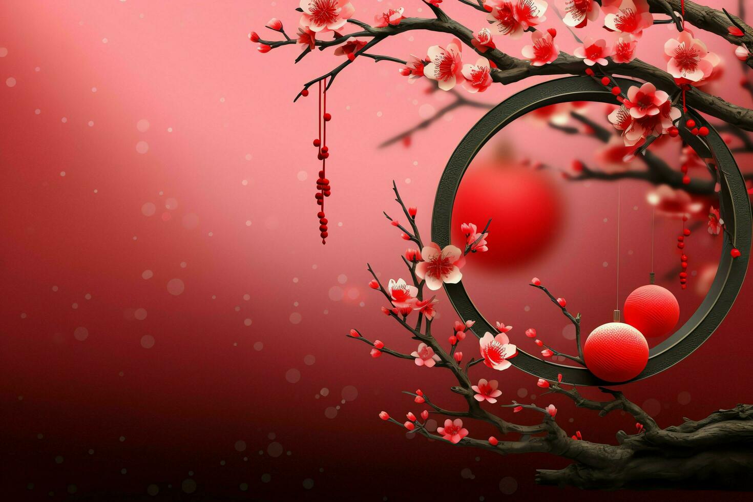 Chinese new year background with traditional lanterns, sakura flowers and copy space. Lunar new year concept by AI Generated photo