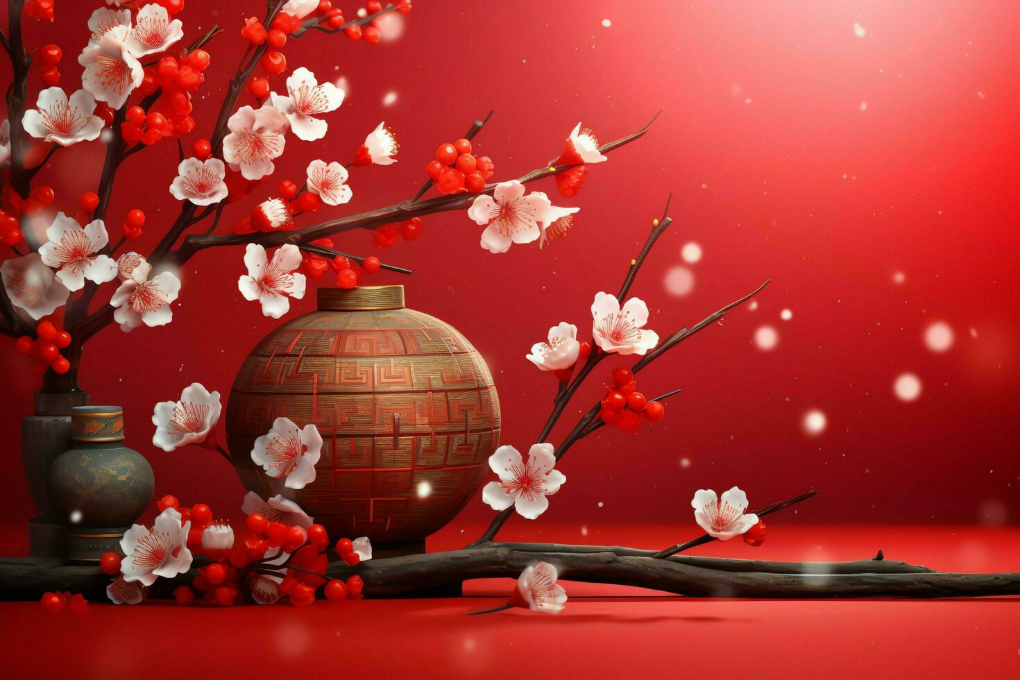 Chinese new year background with traditional lanterns, sakura flowers and copy space. Lunar new year concept by AI Generated photo