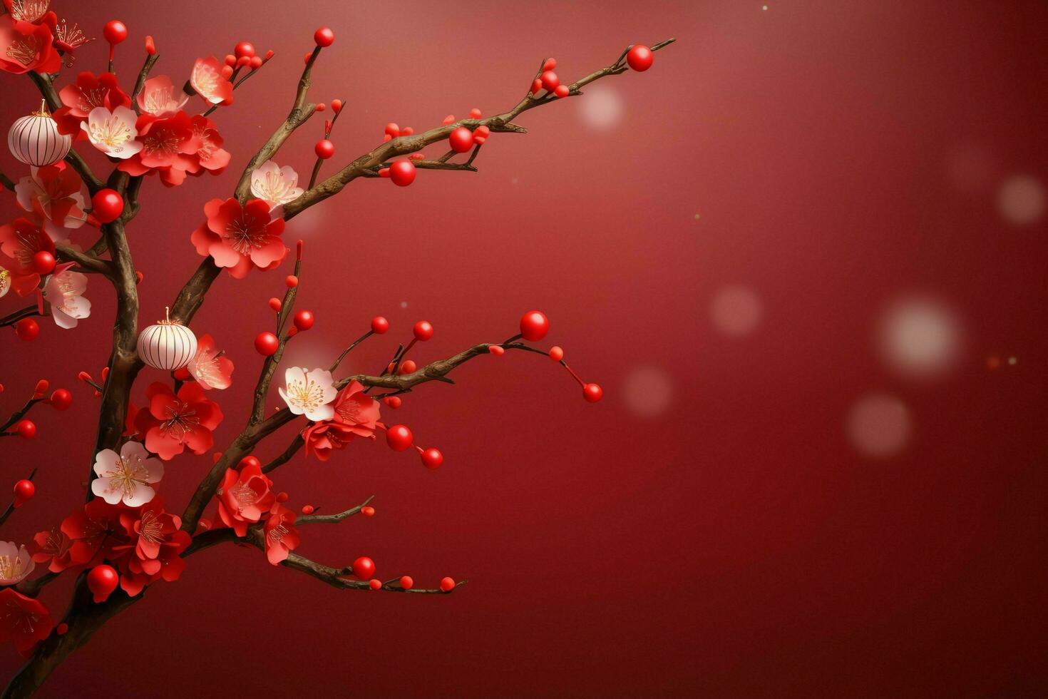 Chinese new year background with traditional lanterns, sakura flowers and copy space. Lunar new year concept by AI Generated photo