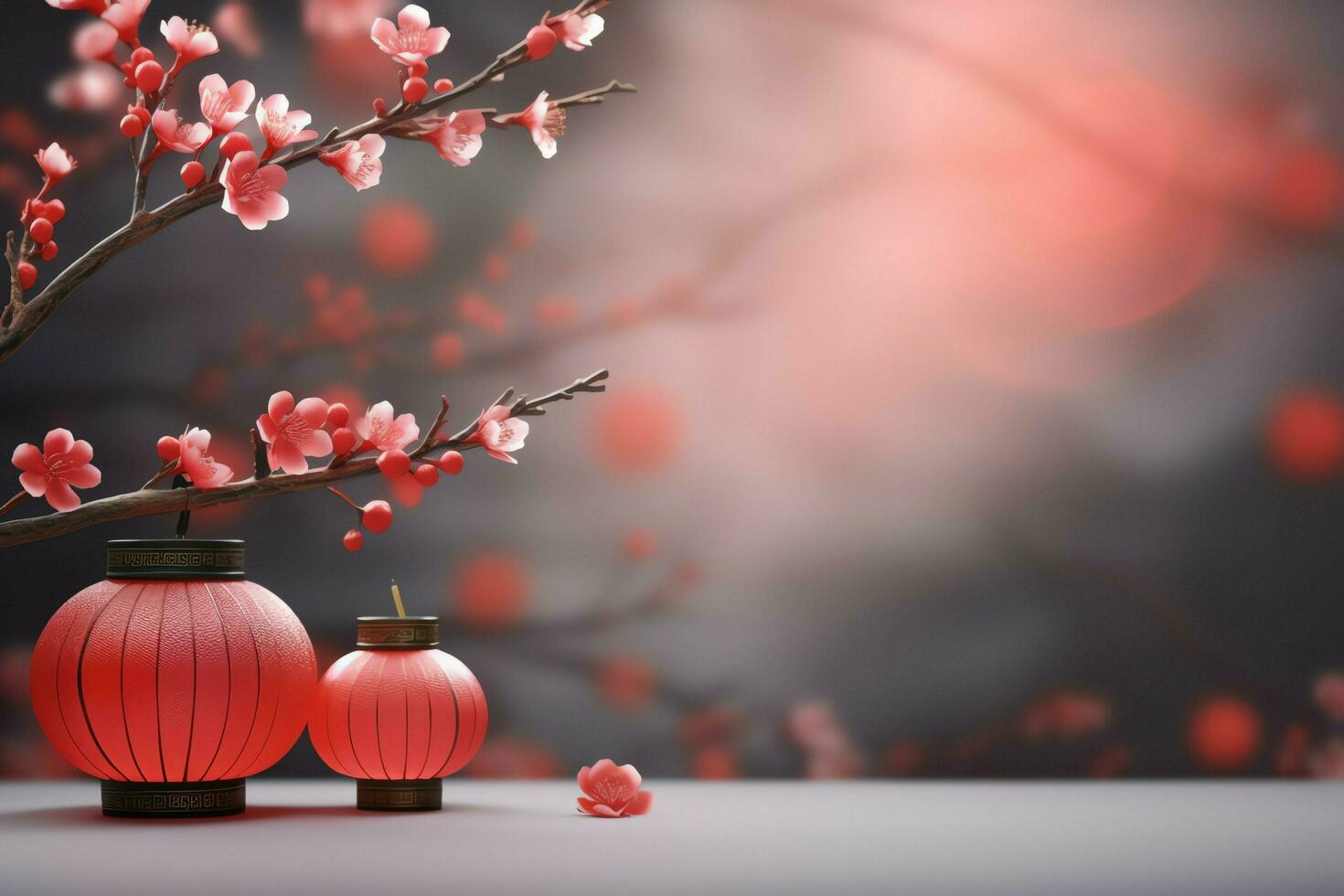 Chinese new year background with traditional lanterns, sakura flowers and copy space. Lunar new year concept by AI Generated photo