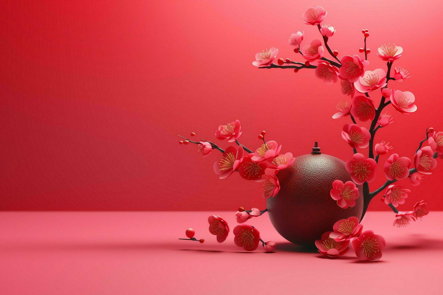 Chinese new year background with traditional lanterns, sakura flowers and copy space. Lunar new year concept by AI Generated photo