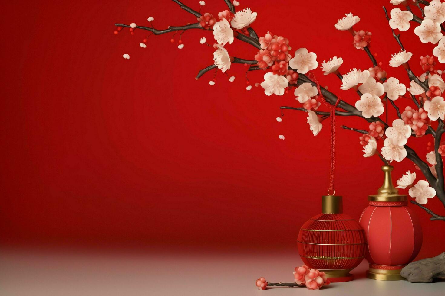 Chinese new year background with traditional lanterns, sakura flowers and copy space. Lunar new year concept by AI Generated photo