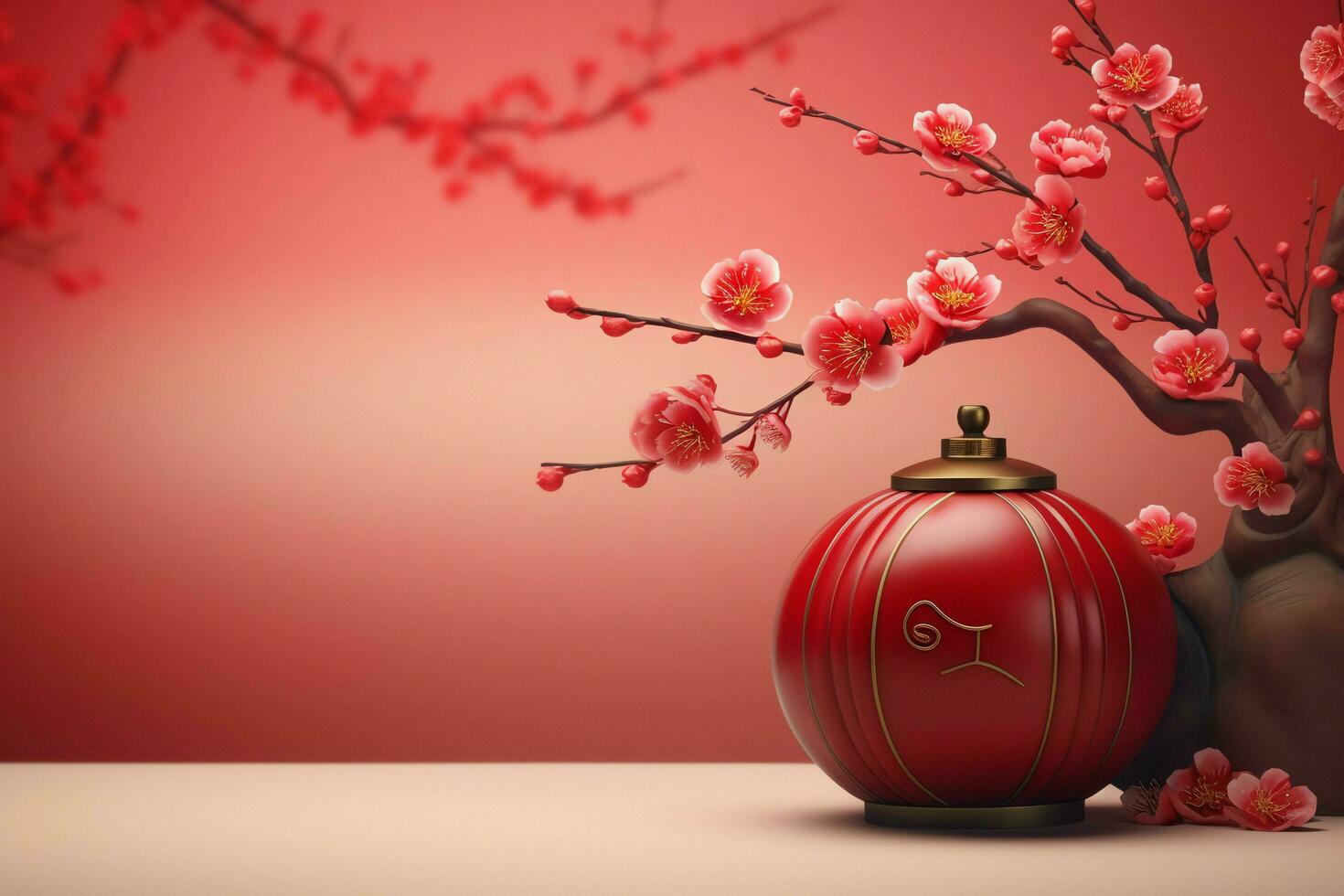 Chinese new year background with traditional lanterns, sakura flowers and copy space. Lunar new year concept by AI Generated photo