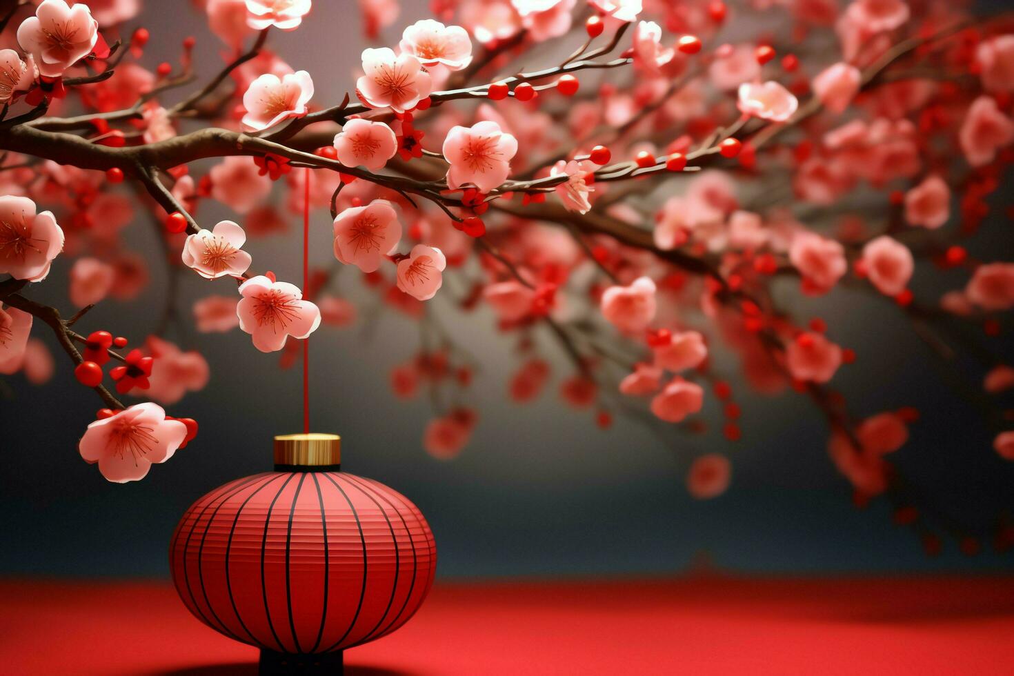 Chinese new year background with traditional lanterns, sakura flowers and copy space. Lunar new year concept by AI Generated photo