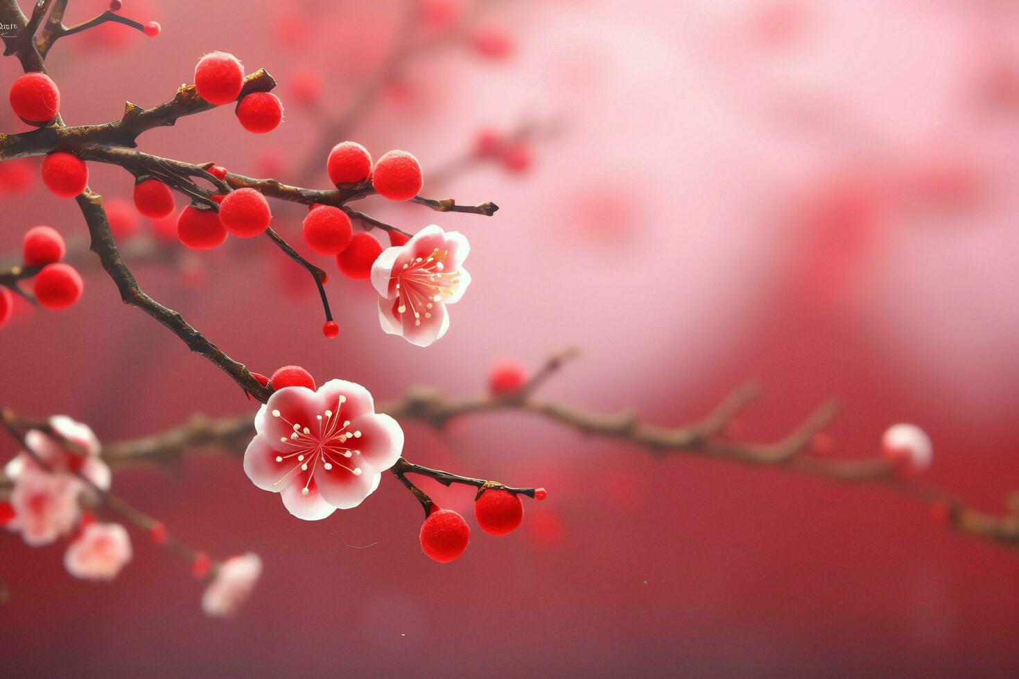 Chinese new year background with traditional lanterns, sakura flowers and copy space. Lunar new year concept by AI Generated photo